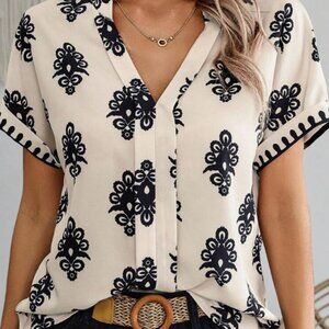 SHEIN LUNE BOHO SHORT SLEEVE V-NECK BLOUSE